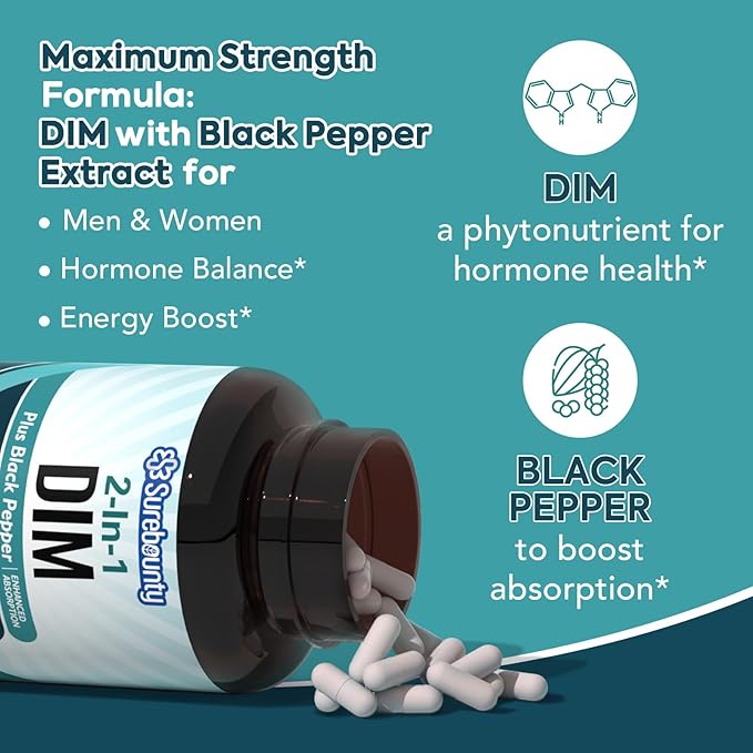 DIM Supplement 300mg for Women & Men, Estrogen Balance & Metabolism, Hormone Balance, Menopause Support, Energy Maintainence, High Absorption with Black Pepper Extract, 120 Caps