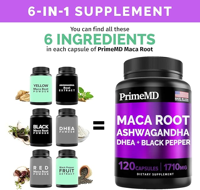 6-in-1 Organic Maca Root & Ashwagandha 1710mg w/DHEA Supplement,120 Capsules (40 Servings)
