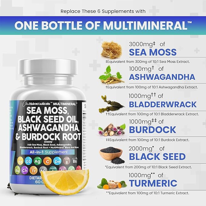 Sea Moss 3000mg Black Seed Oil 2000mg Ashwagandha 1000mg Turmeric 1000mg Bladderwrack 1000mg Burdock 1000mg & D3 with