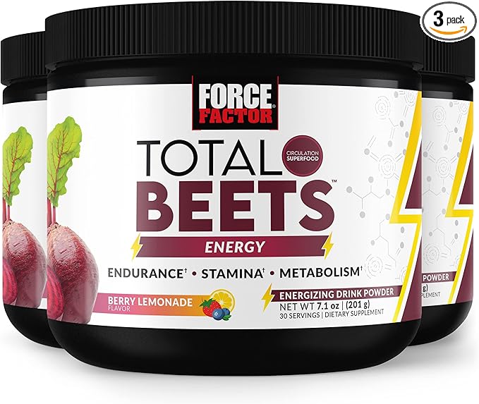 FORCE FACTOR Total Beets Energy Drink Mix 3-Pack, Superfood Beet Root Powder, Nitrates to Boost Energy, Support Circulation, Blood Flow, Nitric Oxide and Stamina, Heart Health Supplement, 90 Servings