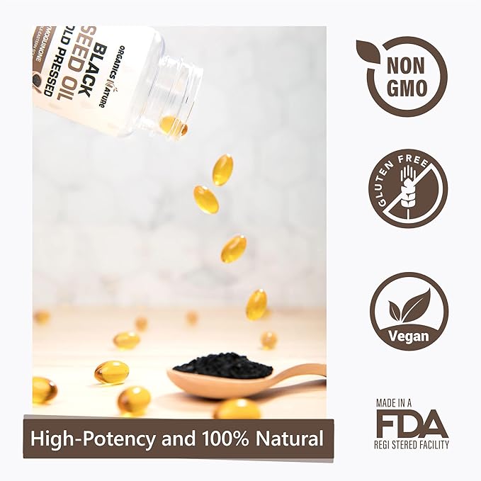 ORGANICS NATURE Black Seed Oil Capsules 1000MG Vegan Softgels, for Hair & Skin, Heart Support, Nigella Sativa - 100% Cold Pressed Cumin Seed Oil Capsules High Thymoquinone, Omega 3s