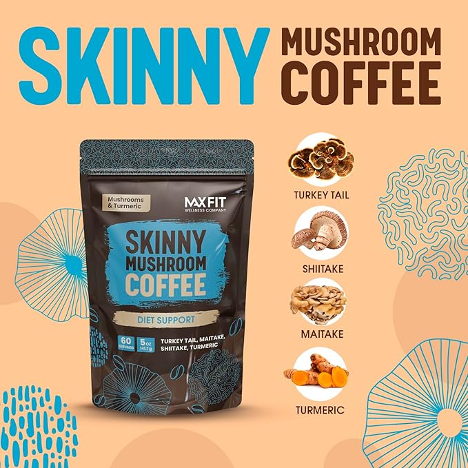 Skinny Instant Mushroom Coffee Organic (60 Servings) Mental Focus Plus Diet Support - Turkey Tail, Maitake, Shiitake & Turmeric, Mixed With Gourmet 100% Arabica Medium Roast Instant Coffee