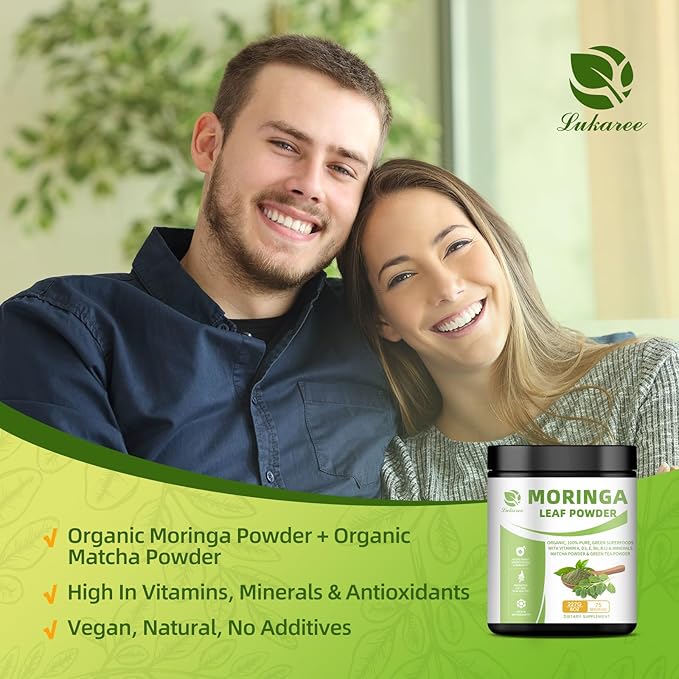Organic Moringa Powder, Green Superfoods with Matcha Powder Green Tea Powder Resveratrol - Rich in Antioxidants and Vitamin A D3 E B6 B12, Digestive and Immune Support - Non-GMO, Vegan, 8 oz, 2 Pack
