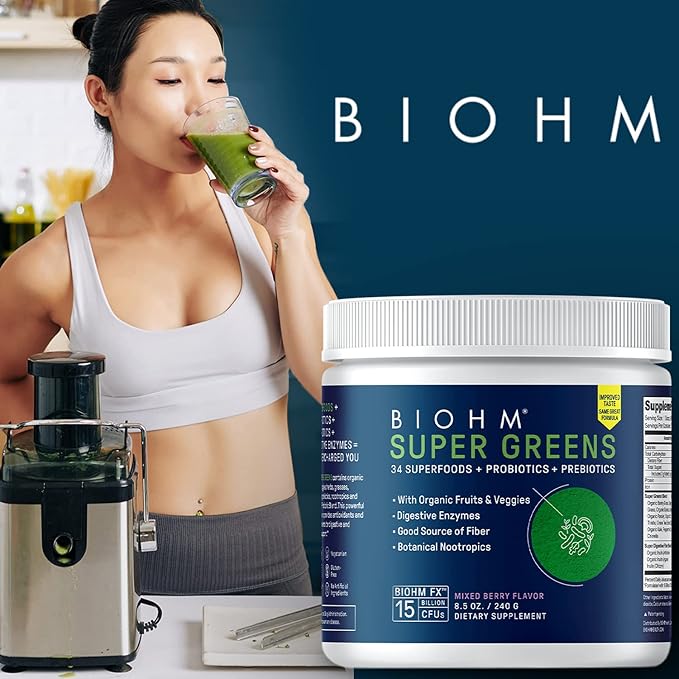 BIOHM Super Greens, Green Superfood Powder Antioxidant Veggie Powder and Smoothie Mix with Digestive Enzymes, Spirulina, 34 Superfood with Prebiotics and Probiotics, Mixed Berry Flavor (30 Servings)