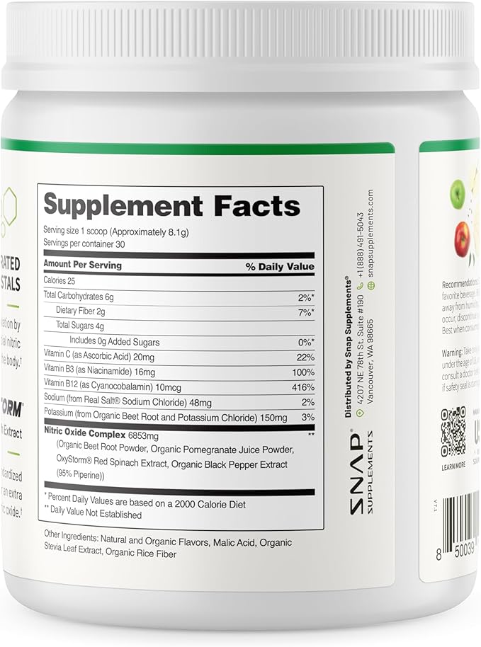 Snap Supplements Organic Beet Root Powder, Nitric Oxide Superfood Supplement with Beets, B Vitamins, Pomegranate & Red Spinach for Energy, Heart Health & Circulation Support, 30 Servings, Apple