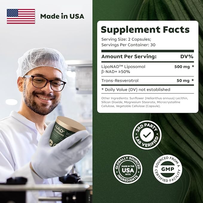 NMN Supplement Alternative - Liposomal NAD w/Resveratrol - High Purity NAD Supplement for Anti-Aging, Energy, Focus - 80 Capsules, Green