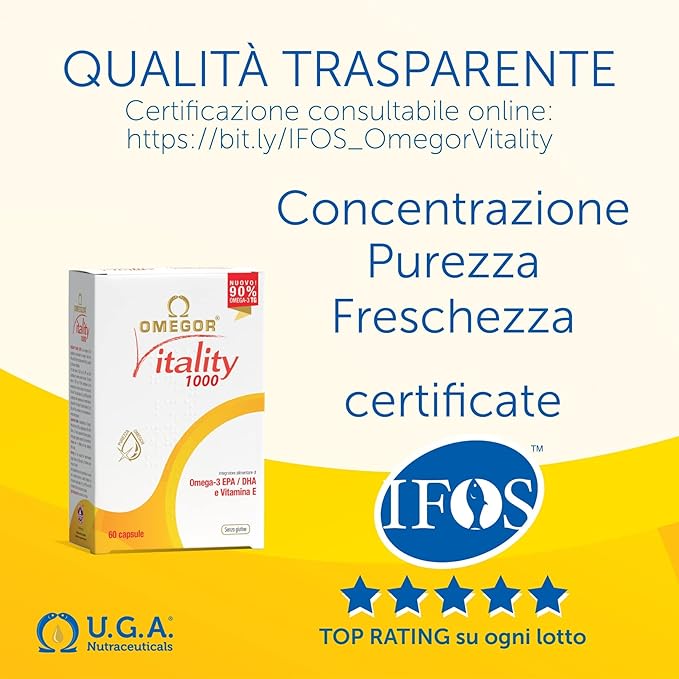 OMEGOR® Vitality 1000 with 90% Omega-3 5-Star Certified 2006. EPA 535mg and 268mg per 2 Capsules. 90% Triglyceride 60 Capsules