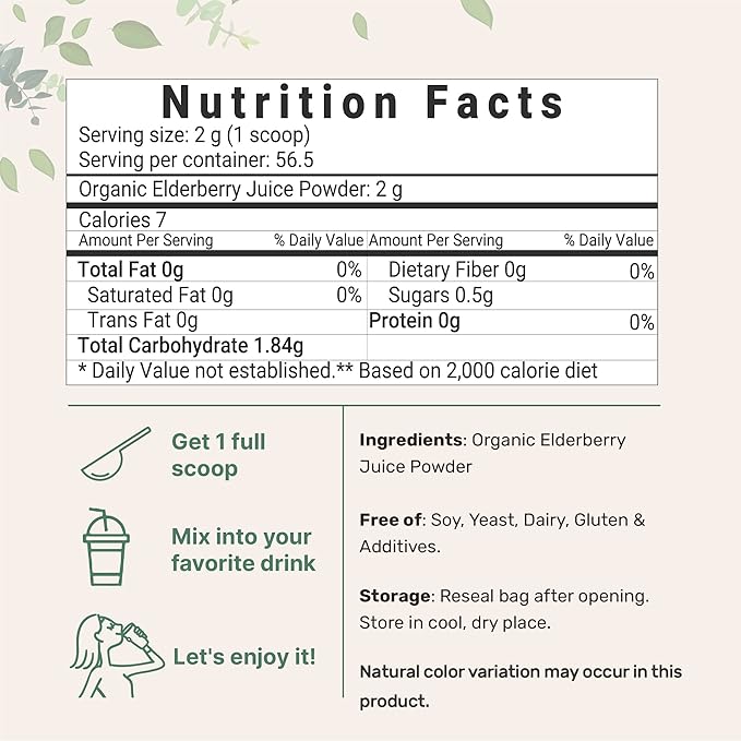 Organic Elderberry Juice Powder, 4oz 100% Natural