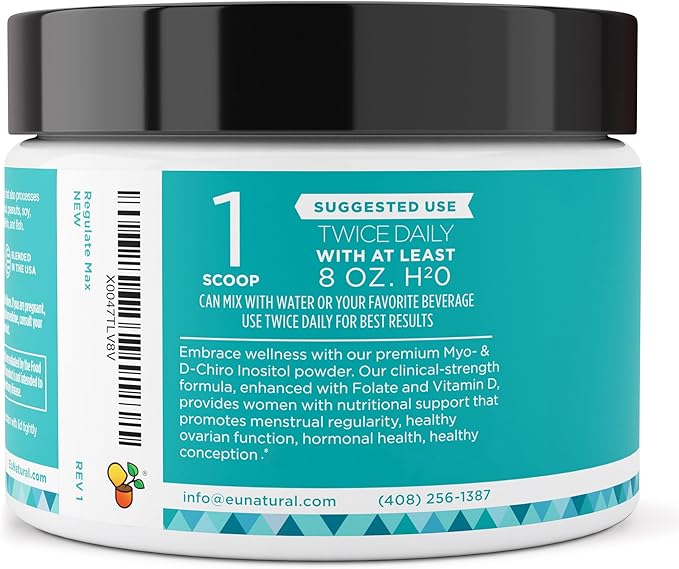 Eu Natural Regulate MAX Myo-Inositol & D-Chiro Inositol Supplement Powder for Women with Vitamin D & Folate PCOS Nutritional Support, Hormone Balance & Fertility Support, Unflavored 60 Servings