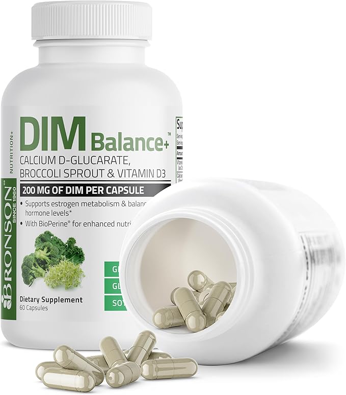 Bronson DIM Balance+ Calcium D-Glucarate, Broccoli Sprouts and Vitamin D3 200 MG of DIM per Capsule Supports Estrogen Metabolism and Balanced Hormone Levels Non-GMO, 60 Vegetarian Capsules