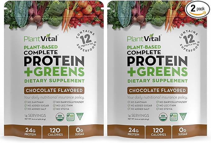 PlantVital Vegan Protein Powder Plant Based, Organic Protein Powder Chocolate, 24g/0g sugar, 12 Superfoods, Veggies, Probiotics, Raw Cocoa, Kale, Beets, Spirulina, Pea, Gluten-Free, Keto-Friendly,32oz