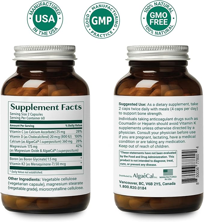 ALGAECAL Plus - Organic Red Algae K2 MK7 MK7 (100mg), (100mg), Vitamin D3 (1600 (1600 IU), (350mg) & 120 Veggie