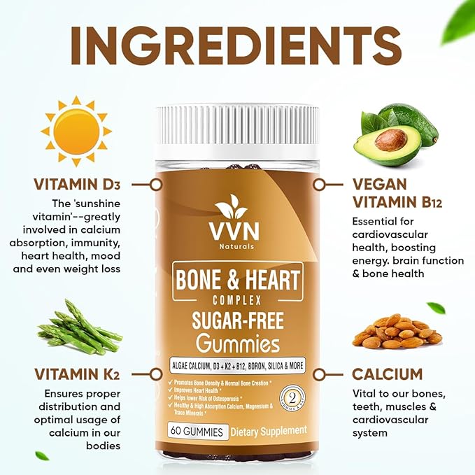 Vegan Calcium Gummies K2 Vitamin Supplement MK-7 & D3, Magnesium 13 Trace B12 - 60 ct.