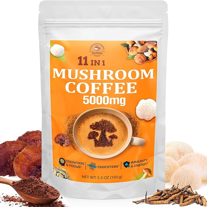 Mushroom Coffee - Mushroom Coffee Organic with 11 Superfood Mushrooms, Includes Lion's Mane, Reishi, Chaga, Cordyceps and Adaptogens, Mushroom Supplement for Energy, Focus, Memory and Immunity - 5.3oz