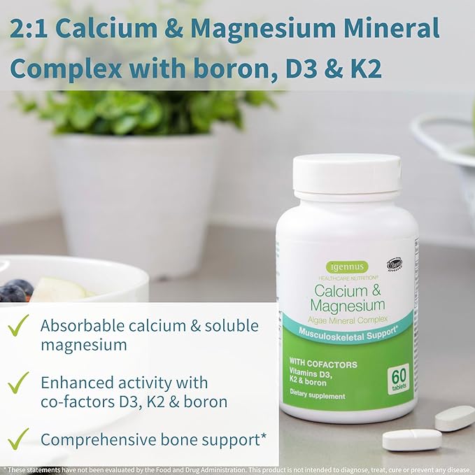 High Absorption Algae Calcium & Magnesium K2 & D3, Non-GMO 60 Tablets,