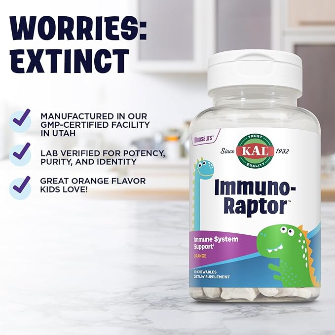 KAL ImmunoRaptor Kids Immune Support Chewables, Vitamin C and Zinc for Healthy Cell Function, Dinosaur Shaped, Orange Flavor, Gluten, Lactose, and Peanut-Free, Sweetened with Xylitol, 60 Servings