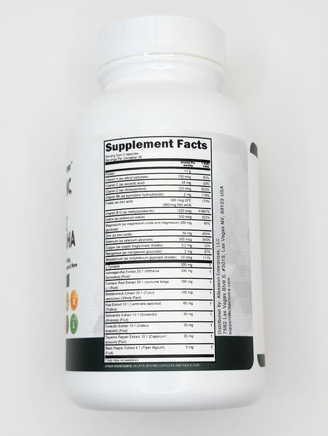 Clean Nutraceuticals Selenium 300mcg Zinc 50mg Iodine 500mcg L Tyrosine 500mg Ashwagandha - Thyroid Support Supplement for Women & Men w/Bladderwrack, Turmeric, Kelp, Schisandra - 60 Capsules