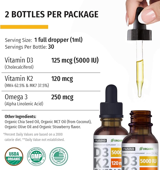 (2 Pack) Organic Vitamin D3 K2 Drops 5000 IU with MCT Oil Omega 3 - Maximum Strength Liquid D3 with No Fillers, Non-GMO for Faster Absorption, Immune Support (Strawberry, 2 Fl Oz)