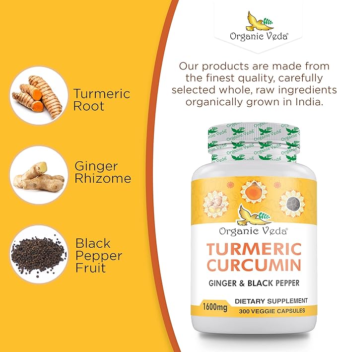 Organic Veda Turmeric and Ginger Capsules 300 Pills (95% curcuminoids)