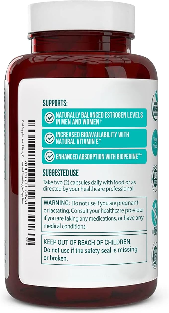 DIM Supplement 250mg (Diindolylmethane)-Plus Dong Quai, Natural Vitamin E & BioPerine - Supports Menopause Relief, PCOS Treatment & Hormonal Acne -Hormone Balance Support for Women and Men-Veggie Caps