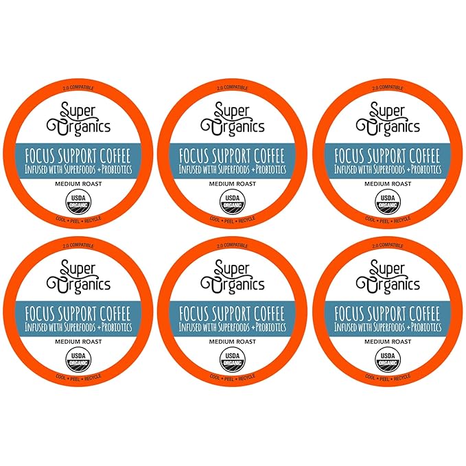 Super Organics Focus Support Coffee Brew Cups With Superfoods & Probiotics Keurig K-Cup Compatible Focus and Adaptogens Medium Roast, USDA Certified, Vegan, Non-GMO Coffee, 60ct