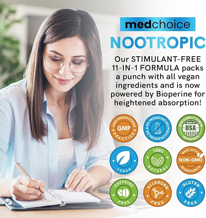12-in-1 Nootropic Brain Supplement Anhydrous: Ginkgo Biloba for Brain Support, Memory and Focus - B12, Alpha GPC, L Theanine and Choline Supplements with Bioperine non Caffeinated 1321mg (60ct)