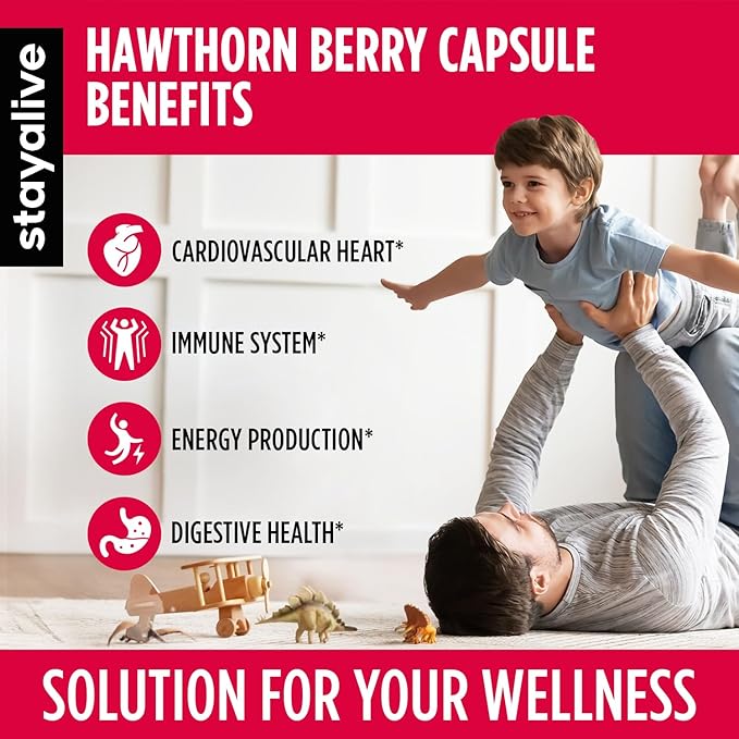 STAY ALIVE Hawthorn Berry Capsules 9000mg, 6000mg, Garlic 1000mg, Turmeric 1125mg, Arjuna 600mg & 120 Vegan