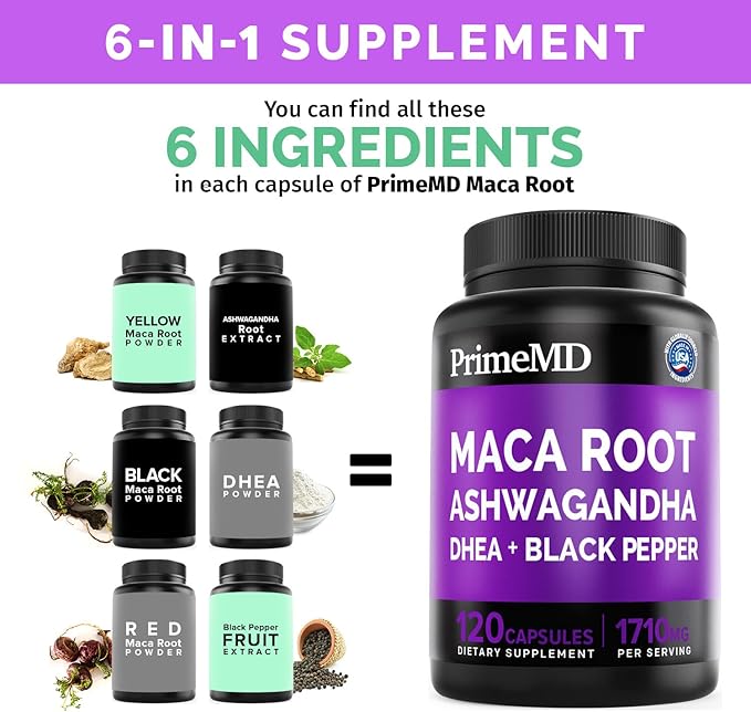 PrimeMD 6-in1 Organic Maca Root Ashwagandha Capsules 1710mg with DHEA and Black Pepper Fruit Extract - Maca Root Capsules for Women and Men - Stamina, Bone and Mood Support Supplement, 240ct (2 Pack)