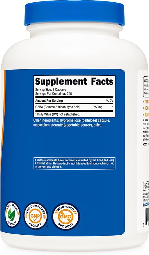 Nutricost GABA (Gamma Aminobutyric Acid) 750mg, 240 Capsules, 240 Servings