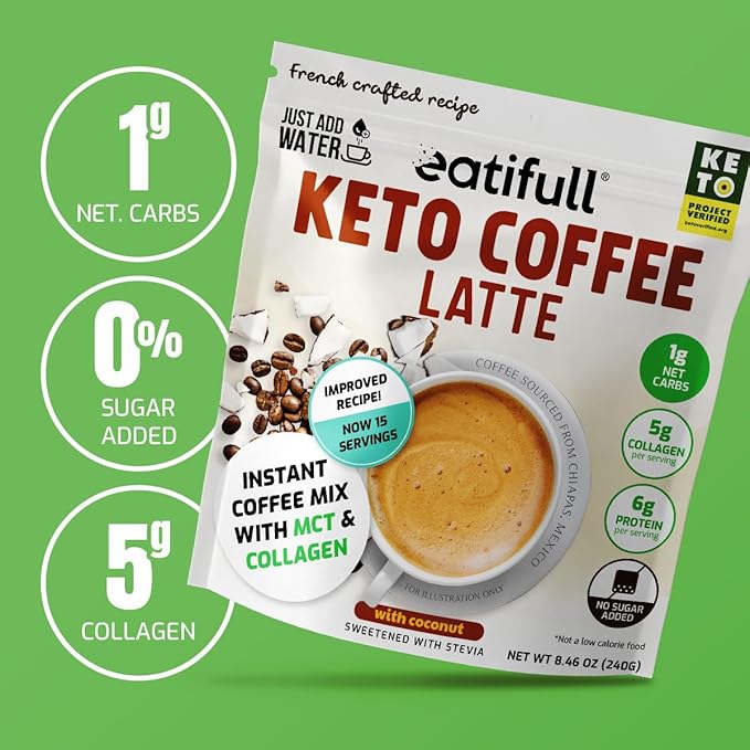 Eatifull Keto Coffee Latte - Instant Coffee (5g) of Collagen & MCT Oil - Sugar-Free, Stevia-Sweetened, High Protein (6g) - Medium Roast - Boosts Energy & Metabolism - 1 Bag