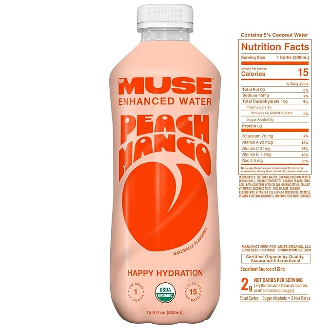 MyMuse Organic Enhanced Flavored Water, Peach Mango, 16.9oz Bottle (12 Pack), Zero Sugar Added, With Zinc, Vitamin A, C & E, Elderberry, Immunity Support, Low Calories, Healthy, Organic, Keto Friendly