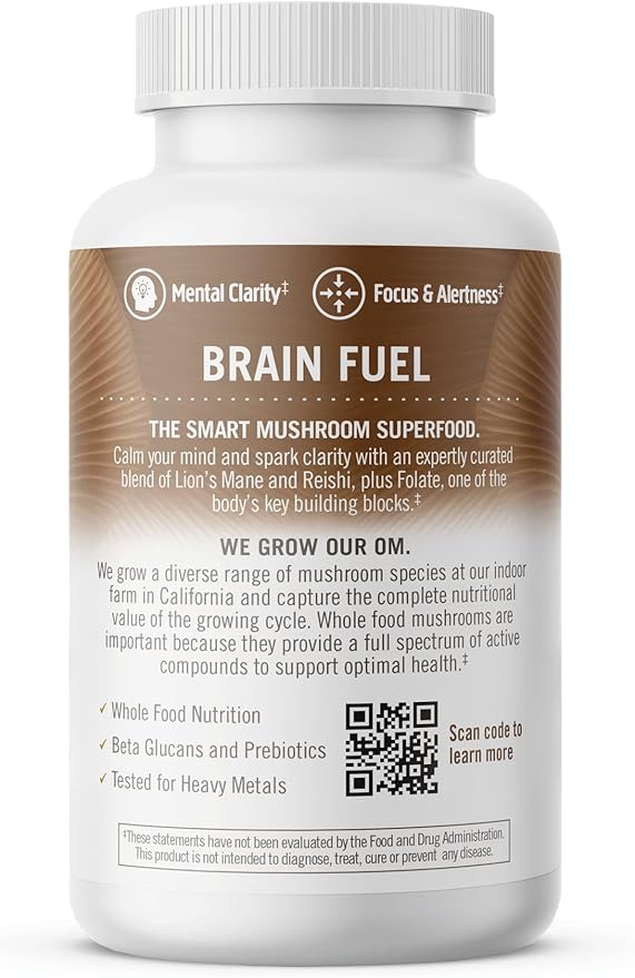 OM MUSHROOM SUPERFOOD Brain Fuel Mushroom Powder Capsules Superfood Supplement, 90 Count, 30 Days, Lion's Mane, Reishi Blend Plus Folate, Mental Clarity, Mushroom Supplement