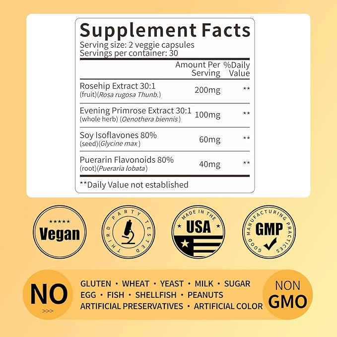 Women's Wellness Blend - Evening Primrose, Rosehip & Soy Isoflavones - Hormonal Balance, Healthy Skin & Vitality Support - Vegan Capsules