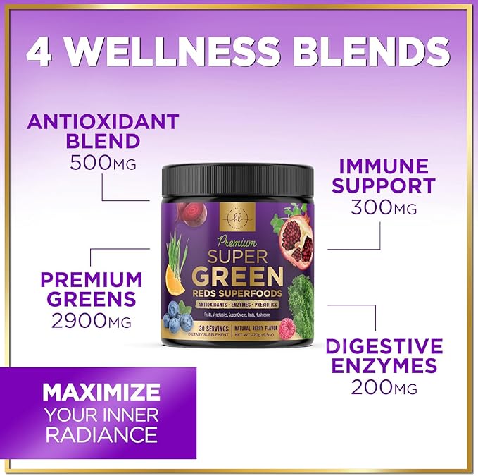 Greens Superfood Powder - Super Greens Powder Mix with Digestive Enzymes, Antioxidants, Spirulina & Chlorella for Energy Support, 20+ Amazing Superfoods & Greens Blend, Vegan, Non-GMO - 30 Servings