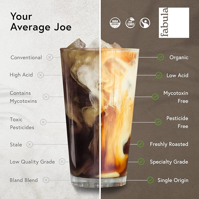 Fabula Coffee Half-Caff Medium Roast Whole Beans - Organic - Low Acid - Single Origin - Non-GMO - Mold Free - 12 Ounces