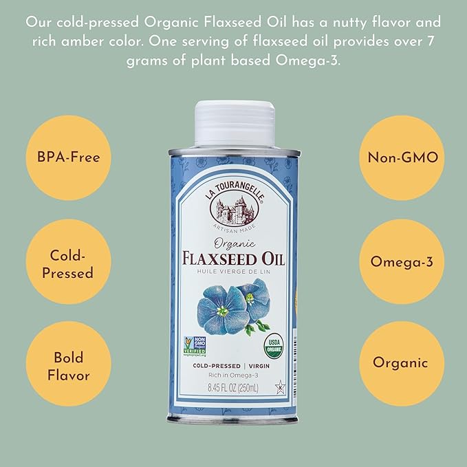 La Tourangelle, Organic Flaxseed Oil, Essential Omega-3 to Improve Heart Health, Vegan, Non-GMO, Gluten-Free, Kosher, Cast Iron Seasoning, 8.45 fl oz