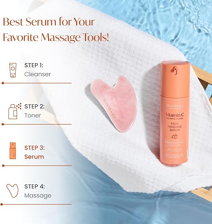 PLANTIFIQUE Korean Vitamin C Face Massage Serum - Perfect for Gua Sha Facial Tools - Collagen & Peptides for Ultimate Hydration and Anti-Aging Glow - Even Skin Tone