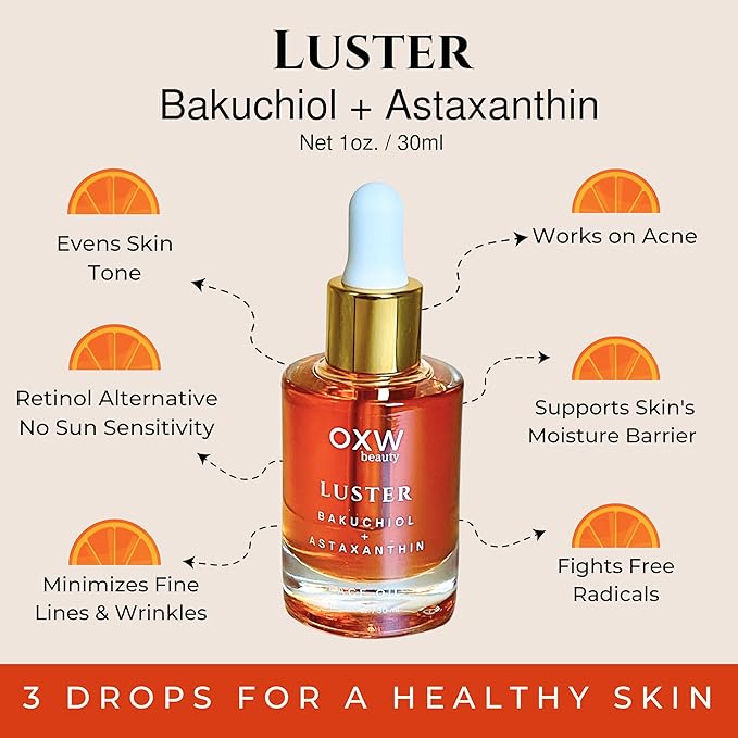 Luster Bakuchiol Oil Serum, Retinol Alternative, Anti-Aging, Superfood Face Oil with Bakuchiol, Astaxanthin, Rosehip Oil, Meadowfoam Oil, Squalane, Pomegranate Oil for the Face, Natural Skincare