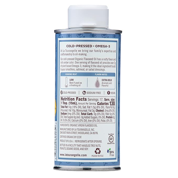 La Tourangelle, Organic Flaxseed Oil, Essential Omega-3 to Improve Heart Health, Vegan, Non-GMO, Gluten-Free, Kosher, Cast Iron Seasoning, 8.45 fl oz