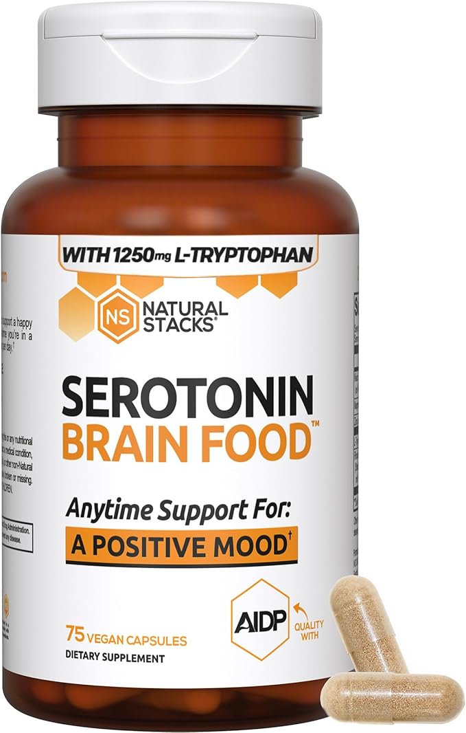 NATURAL STACKS Serotonin Brain Food w/L-Tryptophan & Rhodiola Rosea - Mood Support Supplement - Promotes Positive Mood, Calmness, Stress Relief - Happy Mood & Brain Support Supplement - 75 Capsules