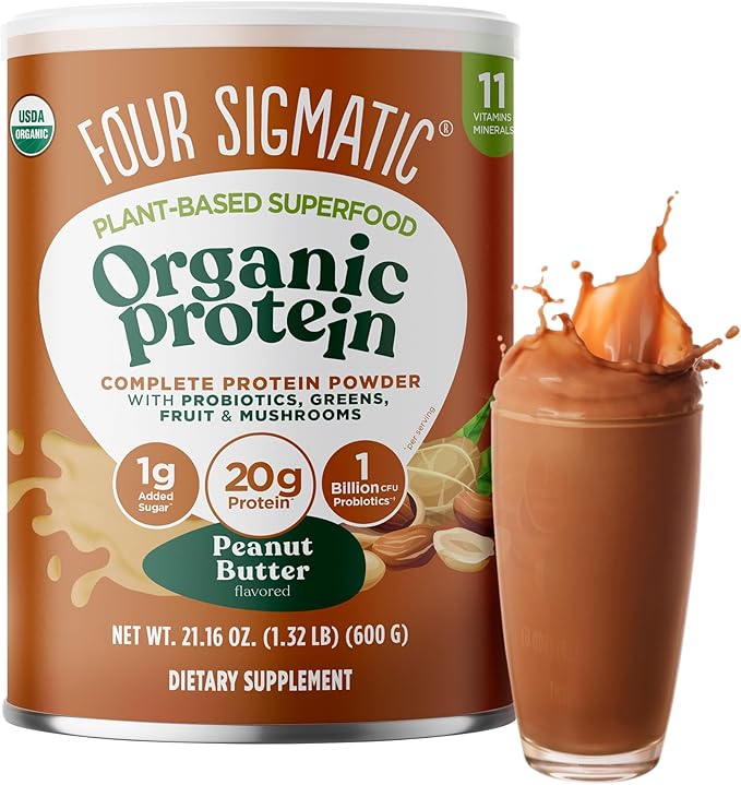 Four Sigmatic Organic Plant-Based Protein Powder Peanut Butter Protein with Lion’s Mane, Chaga, Cordyceps and More | Clean Vegan Protein Elevated for Brain Function and Immune Support | 21.16 oz