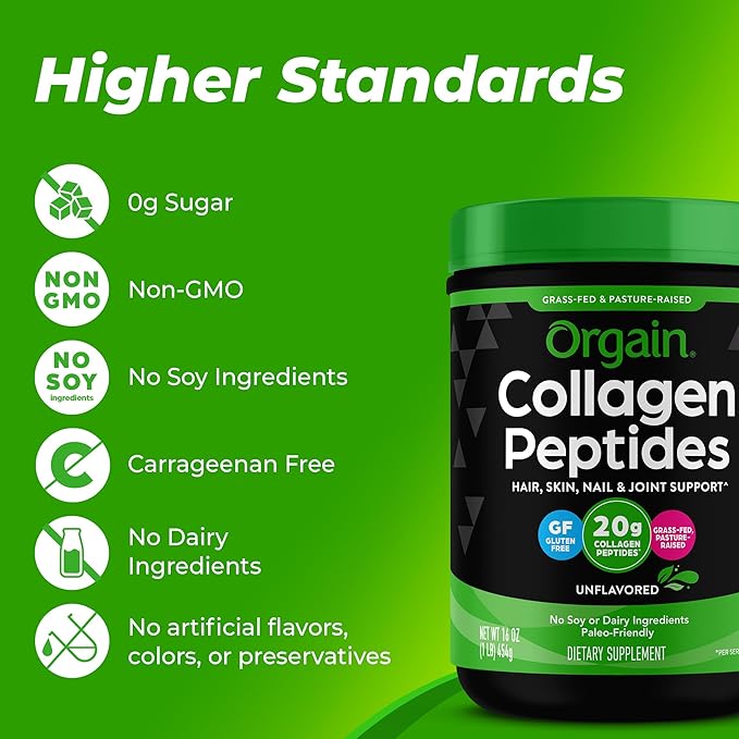 Orgain Hydrolyzed Collagen Peptides Powder 20g Grass 1lb