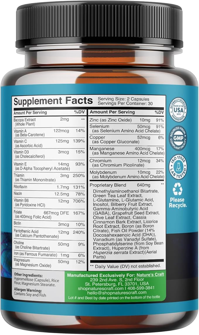 Nootropics Brain Support Supplement - Mental Focus Nootropic Memory Supplement for Brain Health & and Performance Blend, with Energy and Vitamins DMAE Bacopa and Phosphatidylserine Capsule