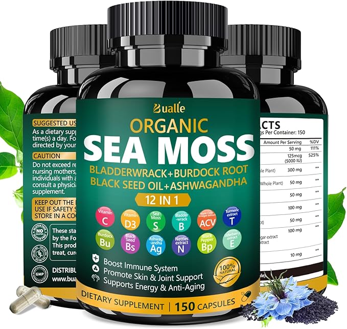 Organic Sea Moss Capsules with Sea Moss,Black Seed Oil,Ashwagandha,Bladderwrack,Ginger,Burdock Root for Immune System,Skin,Energy Support-150 Capsules (1 Pack)