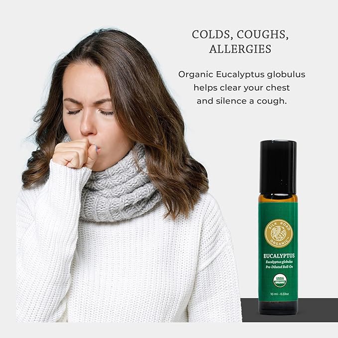 Organic Eucalyptus Essential Oil Roll On, 100% Pure USDA Certified - Respiratory Health, Colds, Cough, Sinus & Allergy Congestion - 10 ml Roller by Silk Road Organic - Always Pure, Always Organic