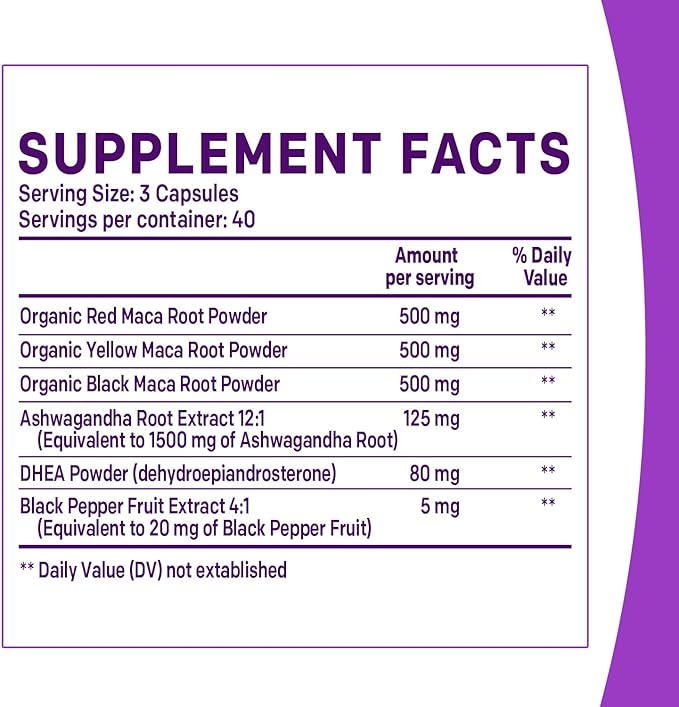 6-in-1 Organic Maca Root & Ashwagandha 1710mg w/DHEA Supplement,120 Capsules (40 Servings)