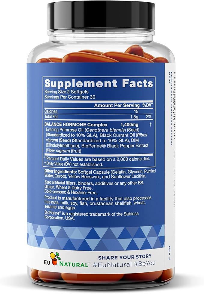 Balance PMS Vitamins for Women - Hormone Balance for Women, Menstrual & PMS Relief - Bloating, Cramping, Mood Swings, Restlessness, Clear Skin - Primrose Oil, Black Seed Oil & DIM - 60 Liquid Softgels