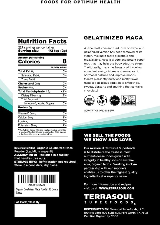 Terrasoul Superfoods Organic Gelatinized Maca Powder, 16 Oz, Hormone Balance, Energy Boost, and Superfood Smoothies with Peruvian Maca Root, Gelatinized for Easy Digestion