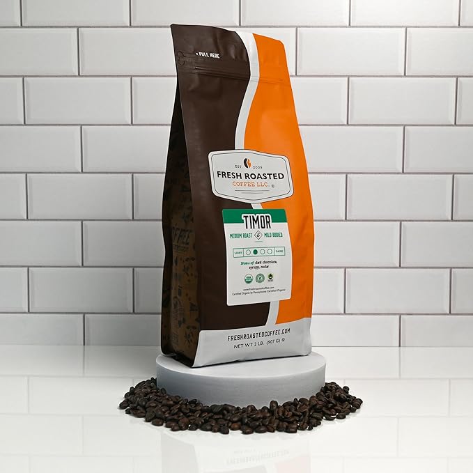 Fresh Roasted Coffee, Fair Trade Organic Timor, 2 lb (32 oz), Medium Roast, Kosher RFA, Whole Bean