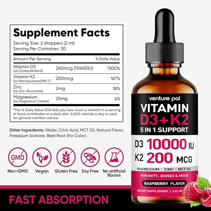 Venture Pal Vitamin D3 10000 iu Plus K2 (MK-7) 200 mcg Liquid Drops, Magnesium & Zinc MCT Oil | for Bone, Mood & Immune Health | High Absorption VIT K2 D3 Vitamin Supplement(Raspberry, 2 Fl Oz)